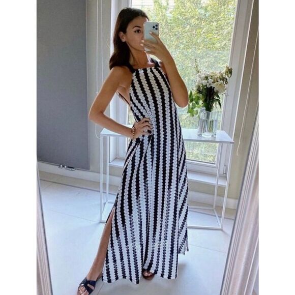 Zara Womens Dress SZ Small Black & White Two Tone Lace Crochet Maxi Dress Beach - Picture 1 of 11